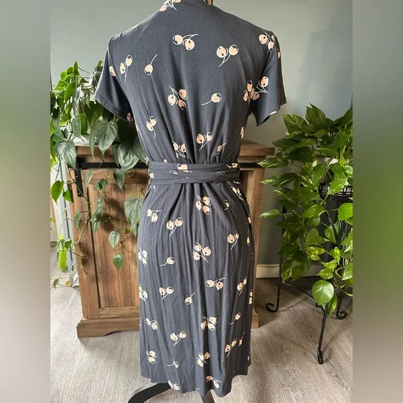 LOFT Cherry Print Short Sleeve V-Nevk Wrap Dress, Gray. - Picture 3 of 6